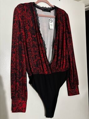 Fashion to Figure Red and Black Snake-Print Lace-Trim Bodysuit